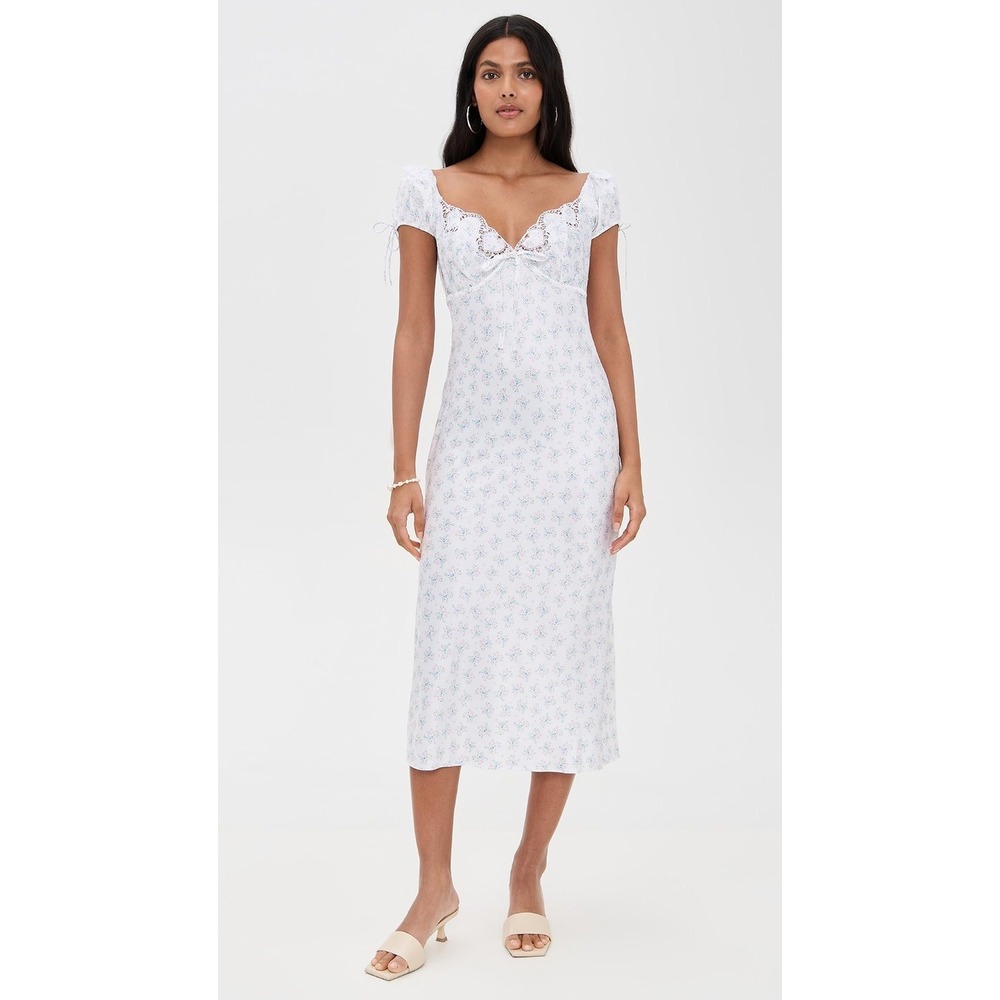 For Love & Lemons Floral Sweet Escape Slip Dress Puff Sleeve White Blue Small